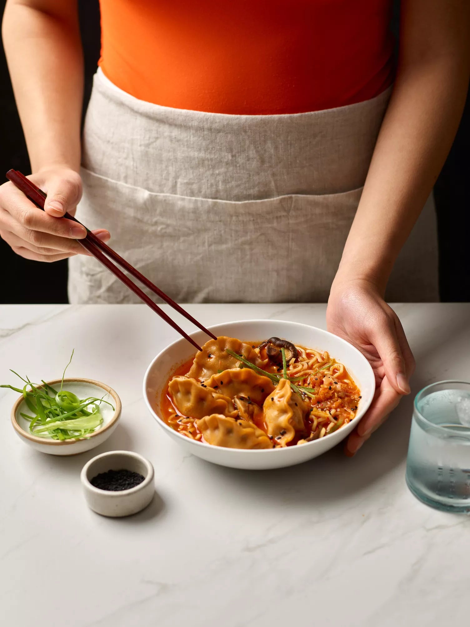 Noodle Bowl with Korean BBQ Beef Mandu